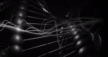 DNA ipliği üzerindeki diyagramların animasyonu. Teknoloji, bilim ve dijital arayüz kavramı dijital olarak oluşturulmuş video.