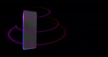 Siyah arka planda boş ekranlı akıllı telefonun animasyonu. Küresel çevrimiçi bankacılık, alışveriş, iş, bağlantılar, bilgisayar ve veri işleme kavramı dijital olarak oluşturulmuş video.
