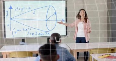 Okuldaki çeşitli öğrencilerin ai veri işleme animasyonları. Yapay zeka, eğitim, bağlantılar, hesaplama ve veri işleme kavramı dijital olarak oluşturuldu.