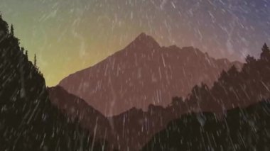 Dağ manzarasında yağmur animasyonu. Doğa, hava ve dijital arayüz kavramı dijital olarak oluşturulmuş video.