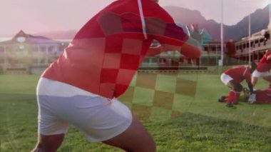 Hırvat bayrağının farklı erkek rugby oyuncularına karşı animasyonu. Küresel spor, vatanseverlik ve dijital arayüz kavramı dijital olarak üretilen video.