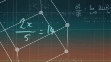 Matematiksel formüllerin animasyonu ve karanlık arka planda veri işleme. Küresel finans, iş, bağlantılar, hesaplama ve veri işleme kavramı dijital olarak oluşturulmuş video.