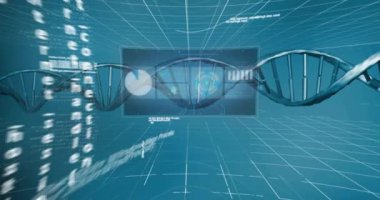 Dijital veri işleme animasyonu, DNA ipliğinin üzerindeki dünya. Küresel bilim, bağlantılar, hesaplama ve veri işleme kavramı dijital olarak oluşturulmuş video.