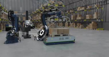 Depoda çalışan makinelerin üzerindeki simgelerle bağlantı ağının animasyonu. İş ve dijital arayüz kavramı dijital olarak oluşturulmuş video.