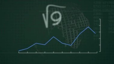 Matematiksel formüllerin animasyonu ve karanlık arka planda dünya üzerinde veri işleme. Küresel finans, iş, bağlantılar, hesaplama ve veri işleme kavramı dijital olarak oluşturulmuş video.