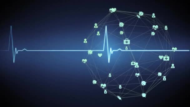 Animatie Van Het Netwerk Van Verbindingen Met Medische Iconen Cardiograaf — Stockvideo
