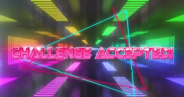 Animation Der Herausforderung Akzeptierten Text Über Neon Muster Hintergrund Globales — Stockvideo