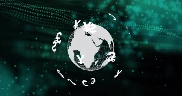 Animation Jordklotet Med Valuta Symboler Över Ljusfläckar Svart Bakgrund Ekonomi — Stockvideo