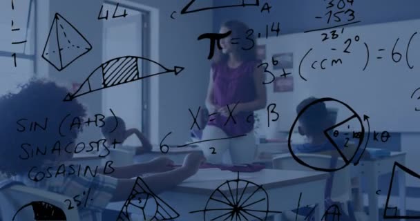 Animation Geometry Maths Equations Diverse Female Teacher Schoolchildren Class Mathematics — Stock Video