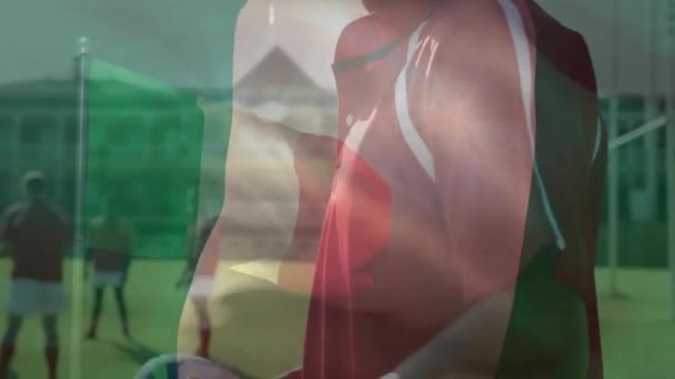 Animation Flag Italy Diverse Male Rugby Players Global Sport Patriotism — Stock Video