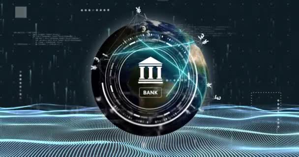 Animación Del Escáner Bancario Con Símbolos Moneda Sobre Datos Procesamiento — Vídeos de Stock