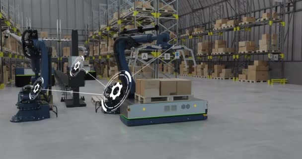 Depoda Çalışan Makinelerin Üzerindeki Simgelerle Bağlantı Ağının Animasyonu Dijital Arayüz — Stok video