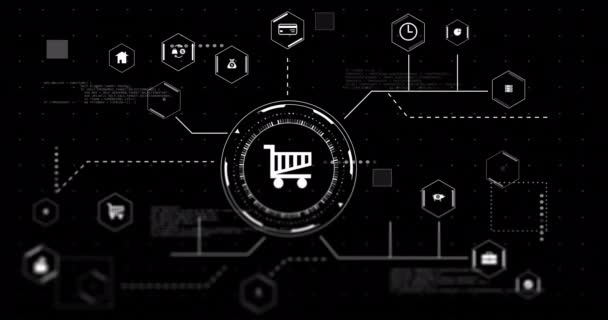 Animation Von Einkaufswagen Und Geschäftssymbolen Mit Datenverarbeitung Auf Schwarzem Hintergrund — Stockvideo
