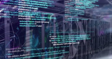 Bilgisayar sunucuları üzerinden veri işleme resmi. Küresel iş, hesaplama, veri işleme ve bağlantılar konsepti dijital olarak oluşturuldu.