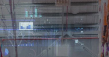 Depodaki finansal veri işleme görüntüsü. küresel iş, veri işleme, dijital arayüz, teknoloji ve gönderme konsepti dijital olarak oluşturuldu.