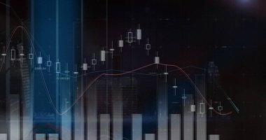 Mavi zemin üzerindeki ışık noktasıyla istatistiksel veri işlemenin dijital görüntüsü. İş verileri ve analitik teknoloji kavramı