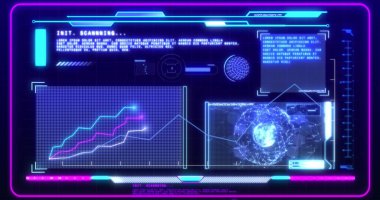 Mavi arkaplandaki veri işleme resmi siyah arkaplanda oluşan ve kaybolan mavi bir çizgi grafiğini gösteriyor. Bu resim, küresel iş, finans ve bağlantıları gösteren bir istatistiksel bilgi arayüzü kavramıdır.  