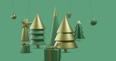 Yeşil arka planda noel süslemeleri. Noel, gelenek ve kutlama konsepti dijital olarak oluşturulmuş imaj.