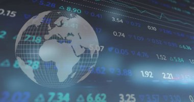 Borsa görüntüsü ve kara arka plandaki dünya. Küresel iş ve dijital arayüz kavramı, dijital olarak oluşturulmuş görüntü.