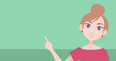 Kafkasyalı bir kadının konuşmasının ve yeşil arka planda fotokopi alanı olan bir ikonu işaret etmesinin görüntüsü. Simgeler ve arkaplan konsepti dijital olarak oluşturuldu.