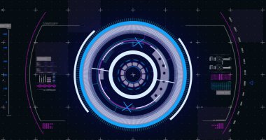 Siyah arkaplanda tarama ve veri işleme görüntüsü. küresel teknoloji, ağ oluşturma ve dijital arayüz kavramı dijital olarak oluşturulmuş görüntü.