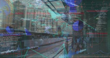 Şehir manzarası üzerinde matematiksel denklemlerin ve veri işlemenin resmi. Küresel teknoloji, bilgisayar ve dijital arayüz kavramı dijital olarak oluşturulmuş görüntü.