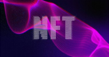 Nft text banner against purple digital wave on black background. cryptocurrency and art technology concept clipart