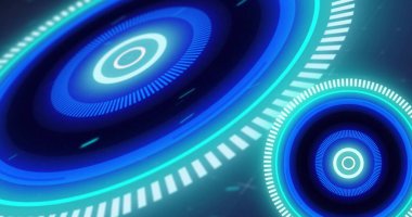 Mavi arka planda parlak mavi dürbünlerin arızalı ve uçan parçacıklarla tarandığı görüntü. küresel teknoloji, ağ oluşturma ve dijital arayüz kavramı dijital olarak oluşturulmuş görüntü.