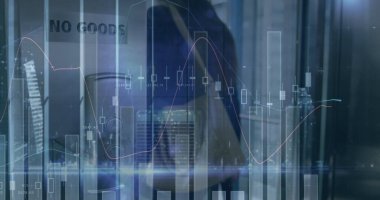 Yoğun şehrin finansal veri işleme görüntüsü. iş, dijital arayüz ve veri işleme kavramı dijital olarak oluşturulmuş görüntü.