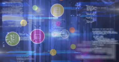 Şehrin üzerinde dijital simgelerin ve veri işlemenin resmi. küresel bağlantılar ve dijital arayüz konsepti dijital olarak oluşturulmuş görüntü.