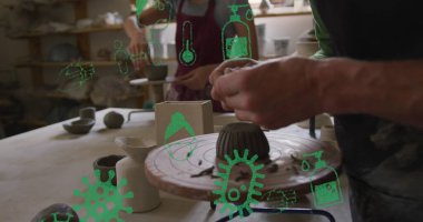 Yüzü maskeli ve çömlek yapan çeşitli işçilerin üzerinde virüs simgeleri. covid 19 salgın konsepti sırasında dijital olarak üretilen resim hobisi.