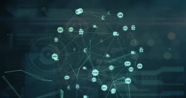 Dijital arayüzün üzerindeki dijital simgelerin mavi arkaplandaki veri işleme ile görüntüsü. Bilgisayar arayüzü ve iş teknolojisi kavramı