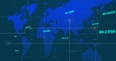 Işık yolları ve mavi arkaplandaki dünya haritasında birden fazla değişen sayılar. küresel ağ oluşturma ve bağlantı kavramı