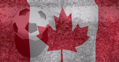 Futbol topu üzerinde Kanada bayrağı resmi. Dünya kupası konsepti dijital olarak oluşturulmuş görüntü.