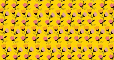 Sarı arkaplanda hareket eden birden fazla çiçeğin görüntüsü. Desen, renk ve hareket kavramı dijital olarak oluşturuldu.