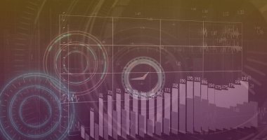 Hareket halindeki bir saatin finansal veri işleme görüntüsü. küresel finans, iş ve dijital arayüz kavramı dijital olarak oluşturulmuş görüntü.