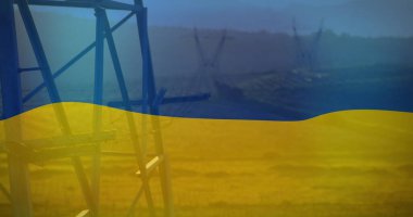 Image of flag of ukraine over field and electricity poles. ukraine crisis, economic and energetic crash and international politics concept digitally generated image.