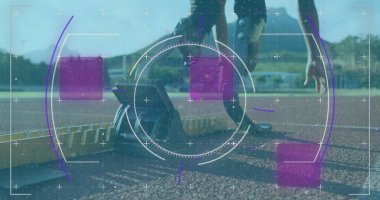 Koşu parkurunda çalışan engelli erkek sporcunun dijital veri işleme görüntüsü. global spor, rekabet, engellilik ve dijital arayüz kavramı dijital olarak oluşturulmuş görüntü.