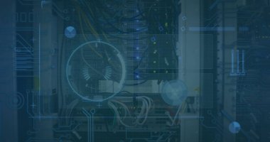 Sunucu odasında veri işleme resmi. küresel teknoloji ve dijital arayüz kavramı dijital olarak oluşturulmuş görüntü.