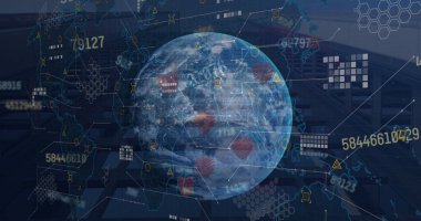 Şehir haritası üzerinde dünya haritası ve küreyle finansal veri işleme resmi. Küresel iş, finans ve dijital arayüz kavramı dijital olarak oluşturulmuş görüntü.