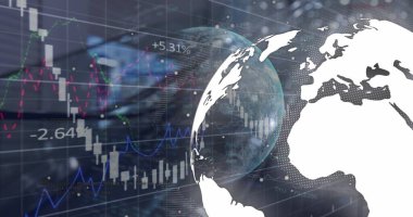 Depo üzerinden küresel ve finansal verilerin görüntüsü. Küresel iş, finans, ekonomi, ağ ve teknoloji konsepti dijital olarak oluşturulmuş görüntü.