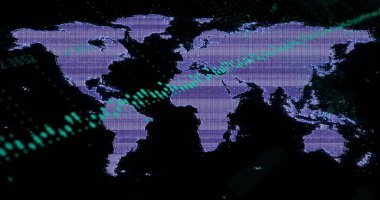 Dünya haritası üzerinde finansal veri işleme resmi. Küresel finans, iş, bağlantılar, hesaplama ve veri işleme kavramı dijital olarak oluşturuldu.