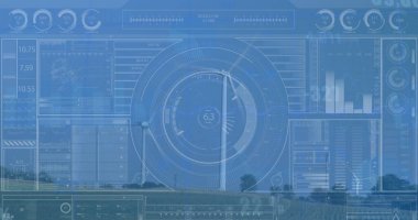 Rüzgar türbin alanı üzerinde dijital arayüz üzerinde hud işlemeli veri görüntüsü. Dijital bileşik, çoklu pozlama, teknoloji, güç üretimi, sürdürülebilir enerji, kalkınma, ekonomi.