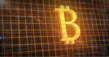 Veri işleme üzerinde bitcoin resmi. Küresel iş ve dijital arayüz kavramı dijital olarak oluşturulmuş görüntü.