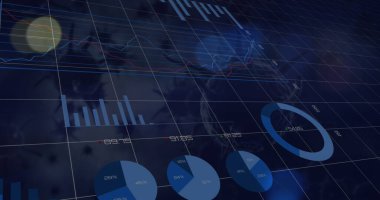 İstatistiksel veri işleme görüntüsü ve mavi arkaplandaki covid-19 hücreleri üzerindeki ışık noktaları. Covid-19 salgını ve iş teknolojisi kavramı