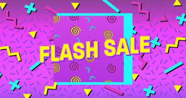 Mor arkaplanda parlak renkli şekiller ve mor kareli sarı harflerle Flash Sale tasviri