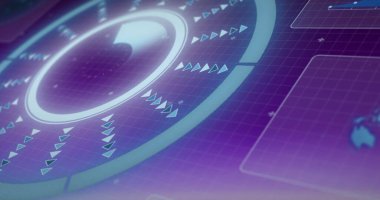 Geometrik şekillerin resmi, soyut arkaplanda daireler, grafikler ve küredeki oklar. Dijital olarak üretilmiş, hologram, rapor, iş, ilerleme, büyüme ve teknoloji kavramı.