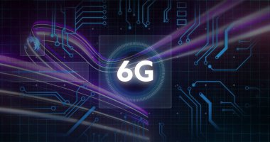 6G metin, küre, soyut arkaplan üzerinde devre kartı deseni. Dijital olarak üretilen, hologram, illüstrasyon, telekomünikasyon, küreselleşme, fütüristik ve teknoloji kavramı.