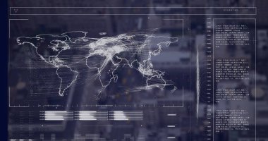 Şehir manzarası üzerinde veri işleme resmi. küresel iş ve dijital arayüz kavramı dijital olarak oluşturulmuş görüntü.