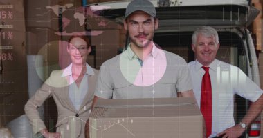 Teslimatçı ve minibüsün istatistik ve mali veri işleme görüntüsü. küresel gönderim, dağıtım, iş, veri işleme ve teknoloji konsepti dijital olarak oluşturuldu.